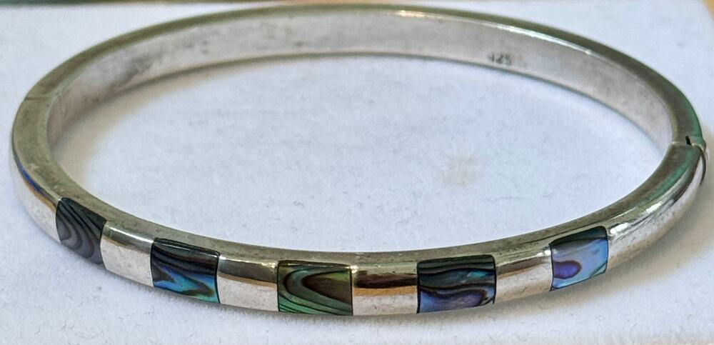 Vintage 925 Sterling Silver southwestern Abalone Inlay Hinged Bangle Bracelet